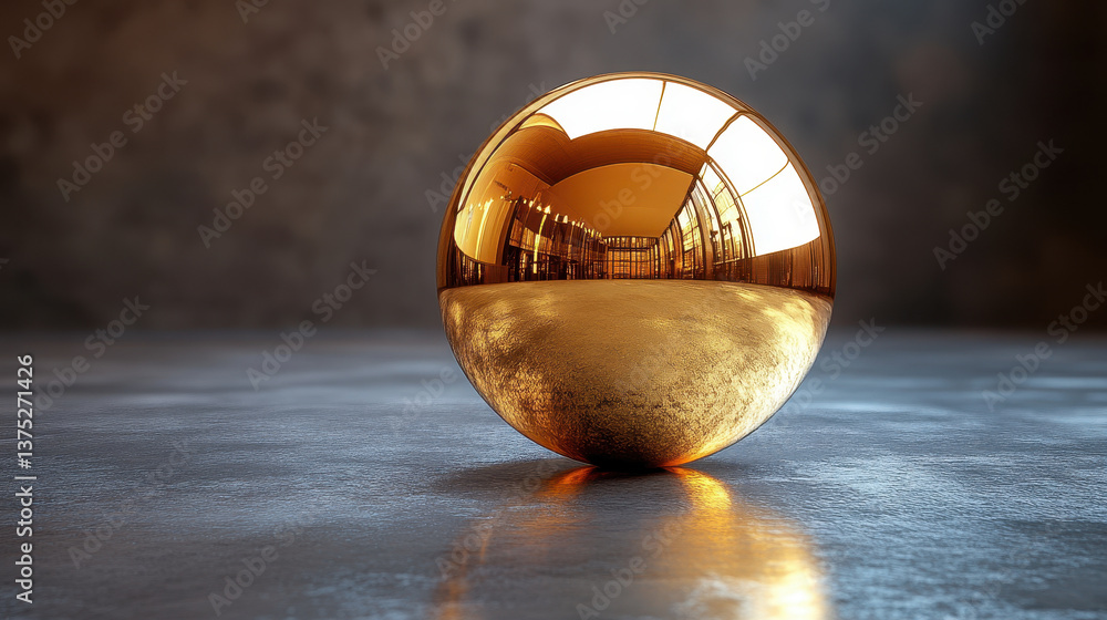 Poster elegant golden sphere render on reflective surface with clipping path for design concepts