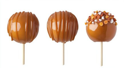 Three caramel apples on sticks, showcasing different toppings