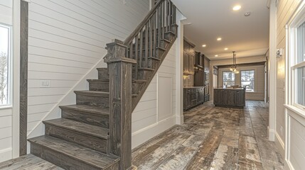 Rustic Farmhouse Interior: Elegant Staircase and Wide Plank Flooring