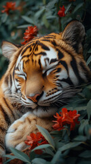 Obraz premium Majestic Tiger Resting Among Vibrant Flowers in Natural Habitat