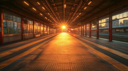 Naklejka premium Sunrise at the Train Station Platform: Golden Hour Rays Illuminating the Railway
