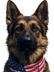 German shepherd dog wearing a ripped American flag bandana