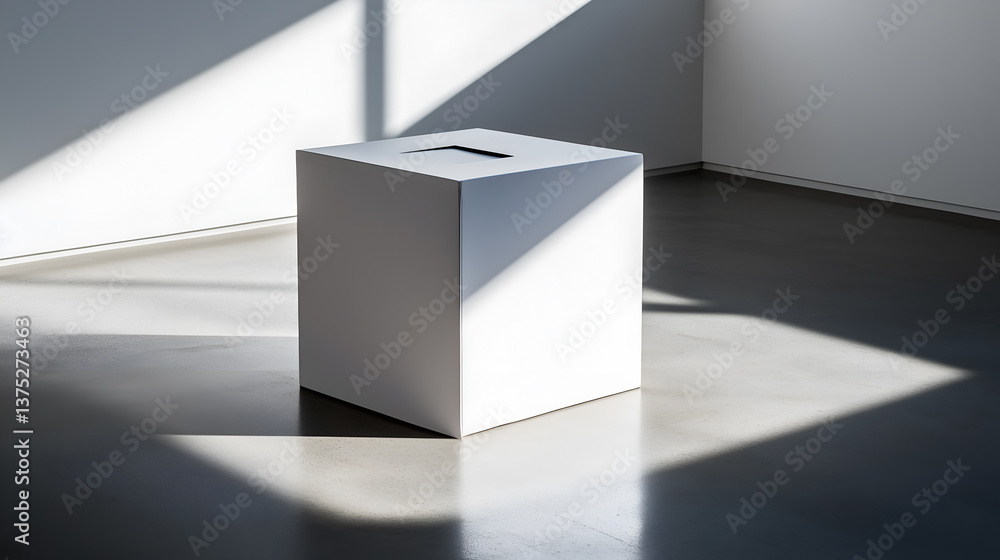 Poster a minimalist cube placed in a room, shadows, and light create geometric patterns