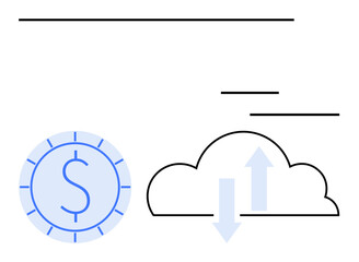 Dollar coin and cloud with up and down arrows symbolizing financial transactions, data exchange, or cloud-based banking. Ideal for fintech, money transfer, online business, savings, data management