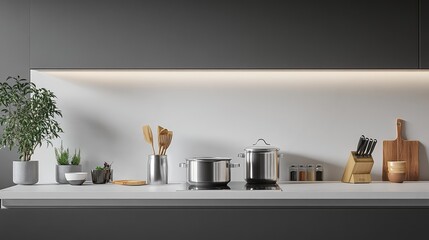 A clean and organized kitchen countertop with cooking essentials arranged neatly, leaving room above for text.