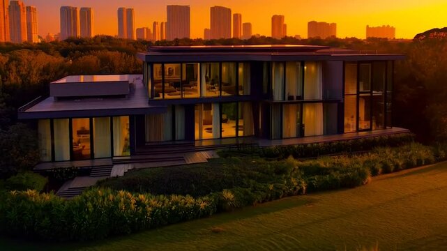 Modern luxury real estate exterior with sleek design, glass walls, and a beautifully landscaped yard, featuring vibrant sunset lighting and a contemporary urban skyline in the background