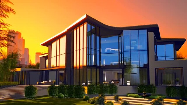 Modern luxury real estate exterior with sleek design, glass walls, and a beautifully landscaped yard, featuring vibrant sunset lighting and a contemporary urban skyline in the background