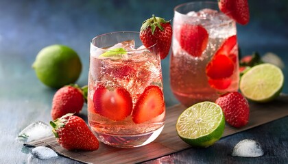 Strawberry Lime Fizz- A sparkling drink made with fresh strawberries, lime juice, and soda water