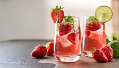 Strawberry Lime Fizz- A sparkling drink made with fresh strawberries, lime juice, and soda water