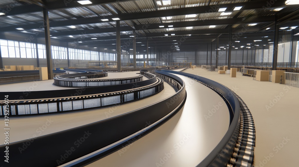 Poster a clean, empty conveyor belt system in a factory, featuring long lines and space for text or logo on