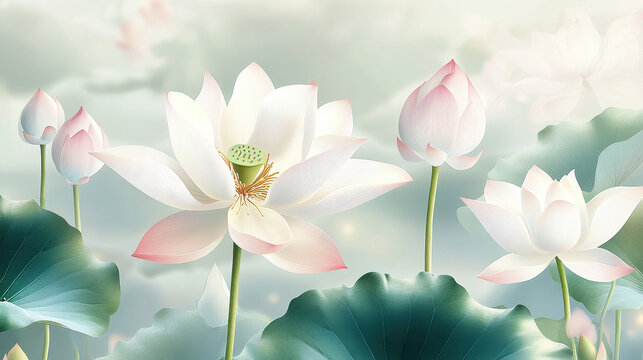 Illustration of lotus flowers and buds, soft pink, green, blue, and white color palette, pastel background