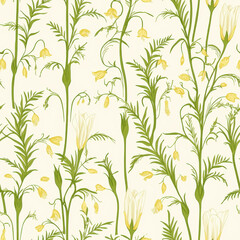 Tuberose blooms and fern leaves in calming seamless design