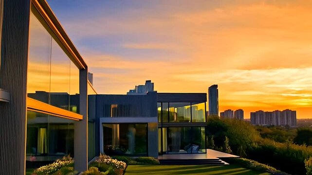 Modern luxury real estate exterior with sleek design, glass walls, and a beautifully landscaped yard, featuring vibrant sunset lighting and a contemporary urban skyline in the background