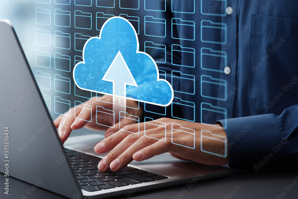 Aufkleber Cloud storage and data backup technology. Uploading to folders on server. Data management system. Businessman typing on laptop computer keyboard at desk in office.