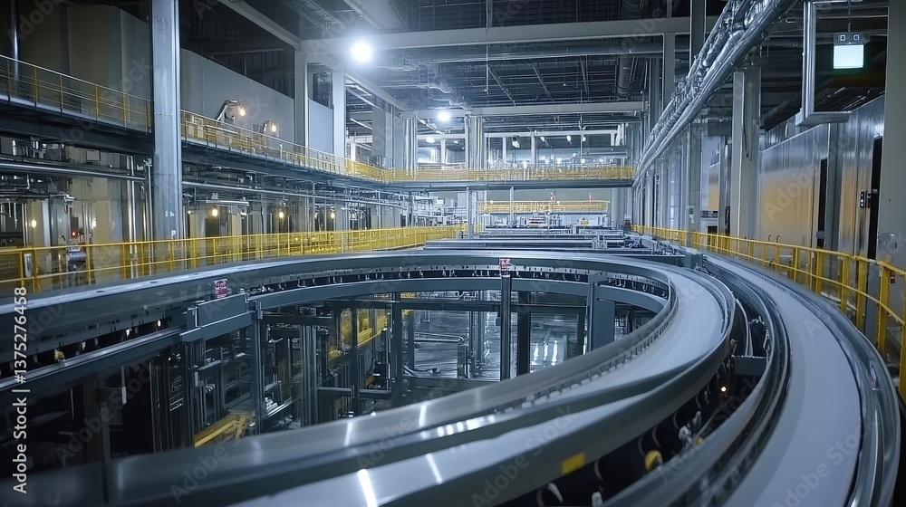 Poster a clear shot of a bucket conveyor system, offering wide open space above for text or logos.