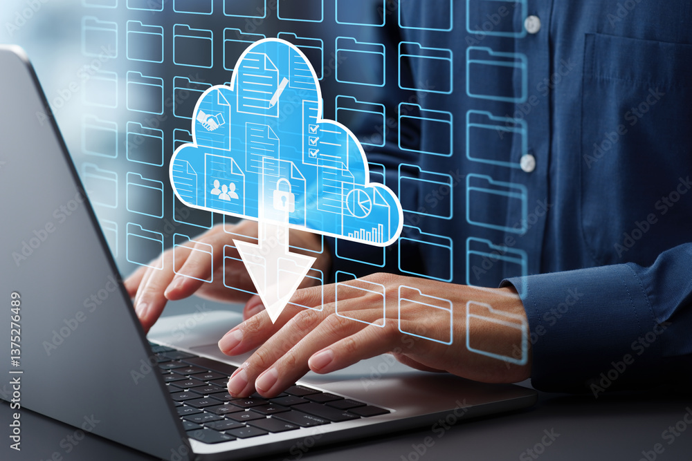 Aufkleber Cloud computing and storage. Remote accessing folders and files in data server. Document management system DMS. Businessman typing on laptop computer keyboard at desk in office.