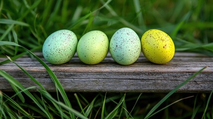 Colorful speckled Easter eggs arranged on a rustic wooden surface surrounded by lush green grass creating a festive and natural spring scene