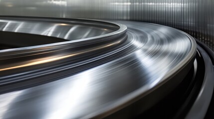 A close-up of an empty conveyor belt with smooth, metallic surfaces and minimalistic design, offering clean space for text or branding.