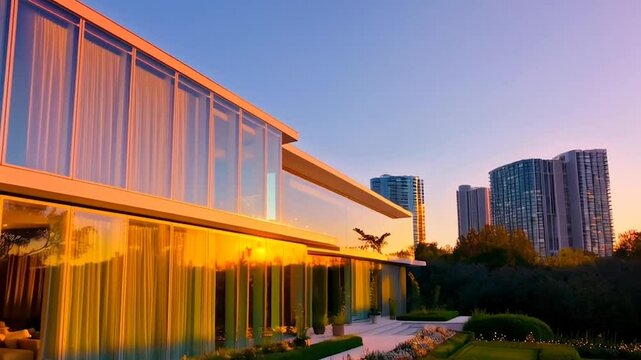 Modern luxury real estate exterior with sleek design, glass walls, and a beautifully landscaped yard, featuring vibrant sunset lighting and a contemporary urban skyline in the background