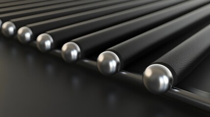 A close-up of a conveyor belt with rubber material and metal rollers, surrounded by a clean, empty background for text or branding.