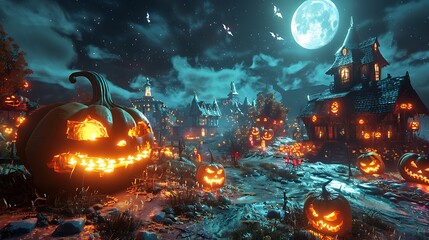 Naklejka premium Enchanting Halloween Night Scene Jack o' lanterns illuminate a spooky village under a full moon