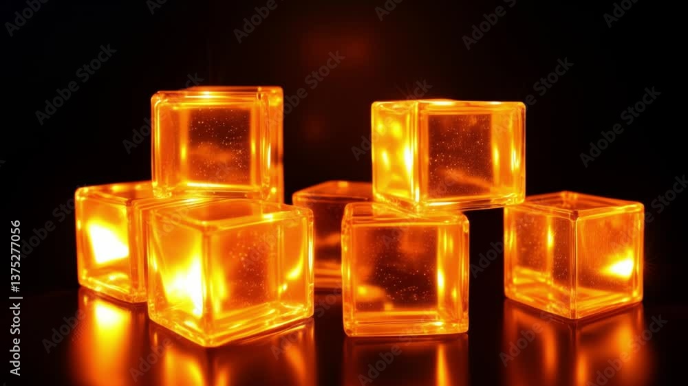 Poster Glowing Transparent Cubes Reflecting Warm Light in a Dark Setting, Creating an Intriguing Abstract Visual Composition