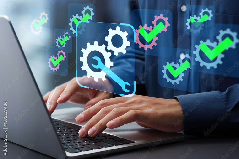 Leinwandbilder Coding and development automation. Automated maintenance and system updates. Engineer using laptop computer to optimize and improve systems.