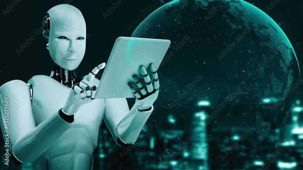 Aufkleber ai robot huminoid uses cloud computing technology to store data on online server . futuristic concep