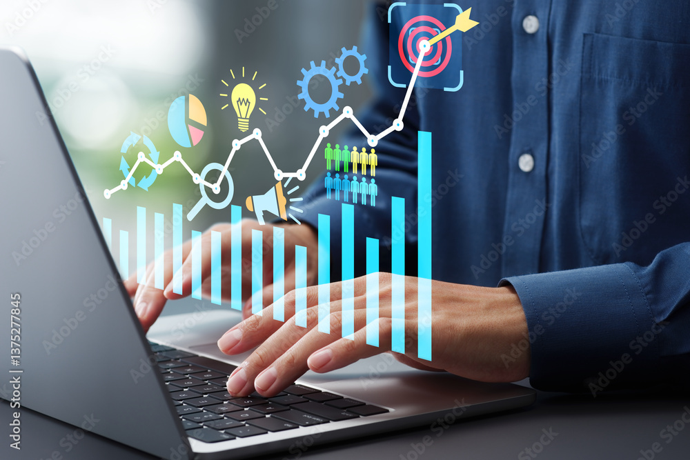 Poster Setting performance goals and planning strategies to achieve targets. Performance graphs and business icons. Businessman using laptop computer to track performance.
