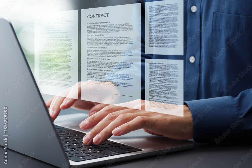 Poster Preparing contract agreement or document. Hands typing on laptop computer keyboard. Businessman working at desk in office.