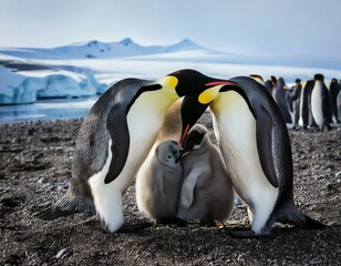 Obraz premium Emperor penguins (Aptenodytes forsteri), adult animal feeds chicks, penguin colony, Snow Hil