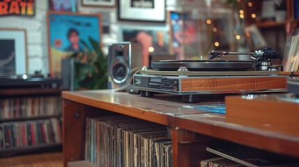 Vintage Turntable on Wooden Shelf with Record Collection Retro Audio Equipment and Vinyl Records