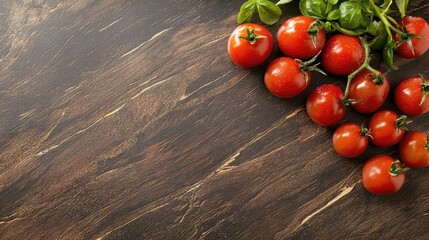 A close-up of organic ripe tomatoes, placed on a clean, rustic wooden table, with plenty of copy space above.