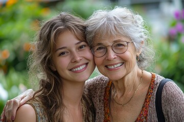 Happy, hug and portrait of a mother and woman in a garden on mothers day with love and gratitude. Smile, family and an adult daughter hugging a senior, Generative AI