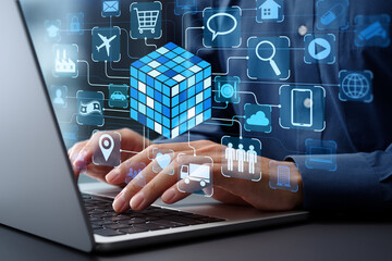 Big data and data mining. Database for AI and deep learning. Data engineer using laptop computer to...