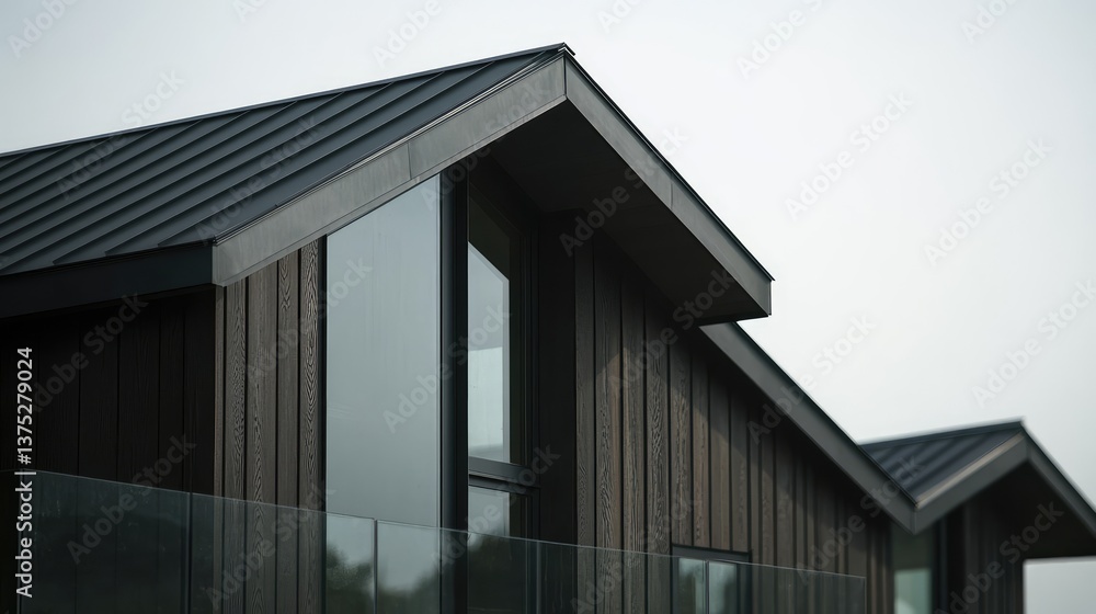 Poster a close-up view of a modern home's metal roof with a unique geometric pattern, offering a stylish an