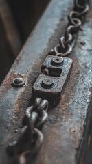 Close-up of a rustypadlock on a metal chainsymbolizing security andweapon prohibition, setagainst a concrete wallbackground.
