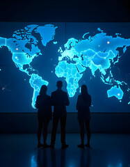 business people on the world Global business people silhouette team network abstract map.