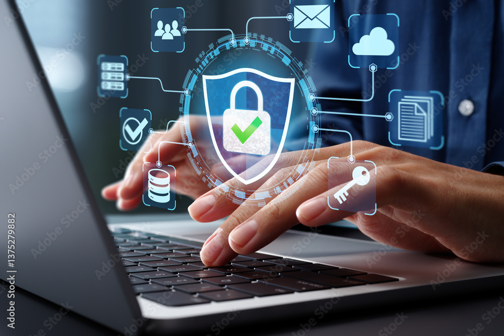 Leinwandbilder Secure data protection and network security systems. VPN connections and zero trust security. Man using laptop computer with an encrypted data security system.