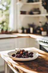 Close up view of fresh dates arranged on a white plate on a wooden table in a bright kitchen environment