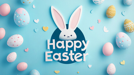 A bunny's back and ears sticking out of an egg-shaped hole in blue background