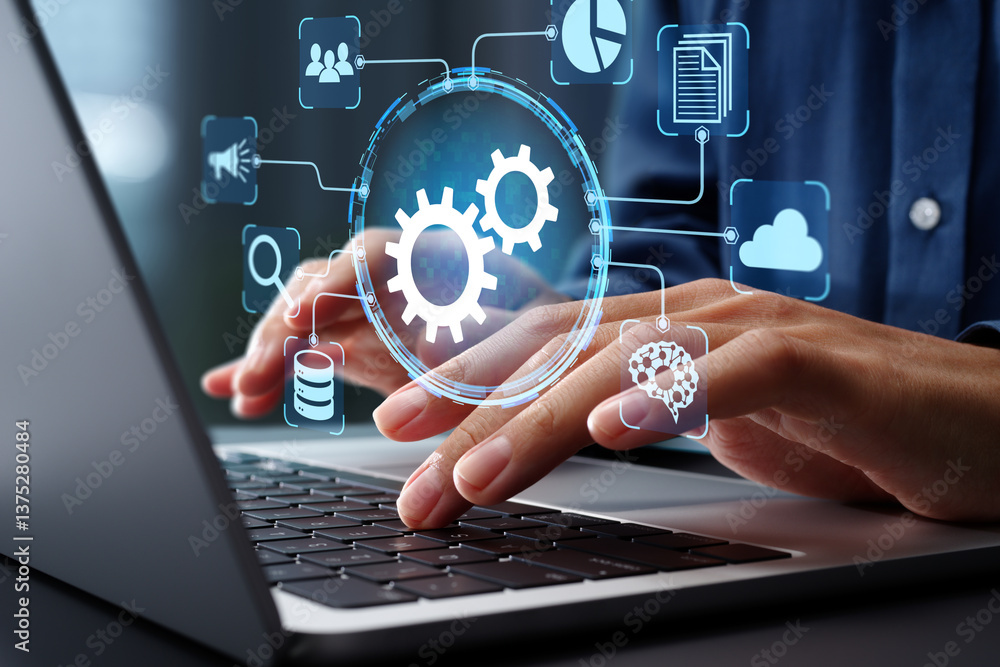 Poster Business process automation BPA and robotic process automation RPA systems. API automation and data transfer with system integration. Businessman using laptop computer.