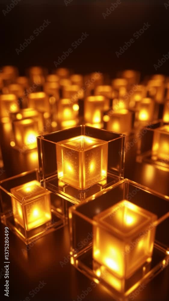Poster Glowing Transparent Cubes Reflecting Warm Light in a Dark Setting, Creating an Intriguing Abstract Visual Composition