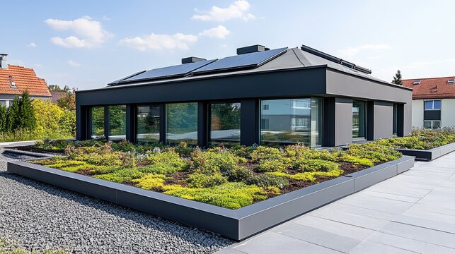 A flat roof with modern architectural elements like skylights and solar panels, offering an eco-friendly design with copy space above.