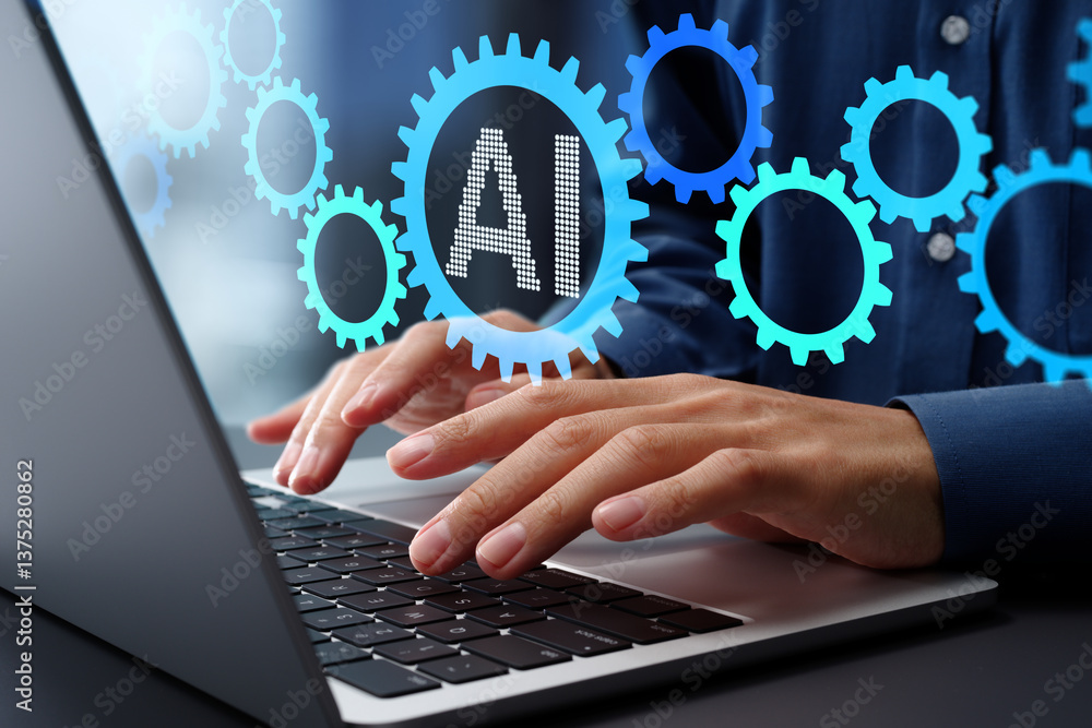 Poster AI powered automation for business process and workflow. Many gear icons. Businessman using laptop computer to manage intelligent process automation technology.