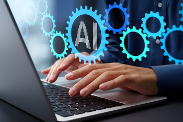 AI powered automation for business process and workflow. Many gear icons. Businessman using laptop computer to manage intelligent process automation technology.
