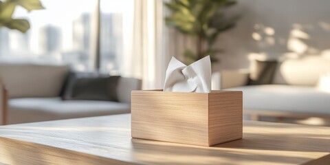 Detailed close-up view of a rustic wooden tissue box set on a modern table in a bright living room