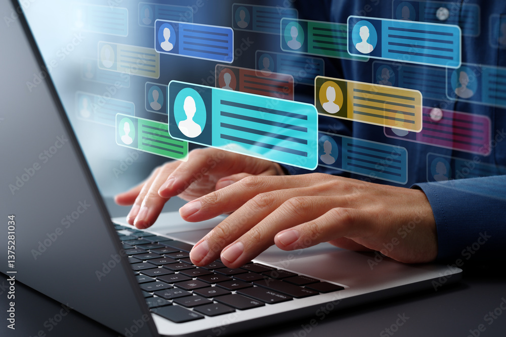 Aufkleber Businessman messaging team with using laptop computer. Collaboration platform. Employee communication and knowledge sharing on discussion forums in internal social network.