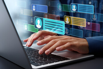 Businessman messaging team with using laptop computer. Collaboration platform. Employee communication and knowledge sharing on discussion forums in internal social network.