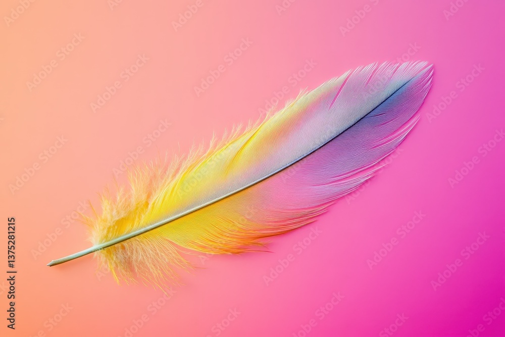 Poster a vibrant and colorful feather resting on a gradient background